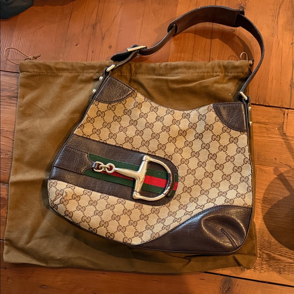 Gucci Tan and Brown Monogram Shoulder Bag